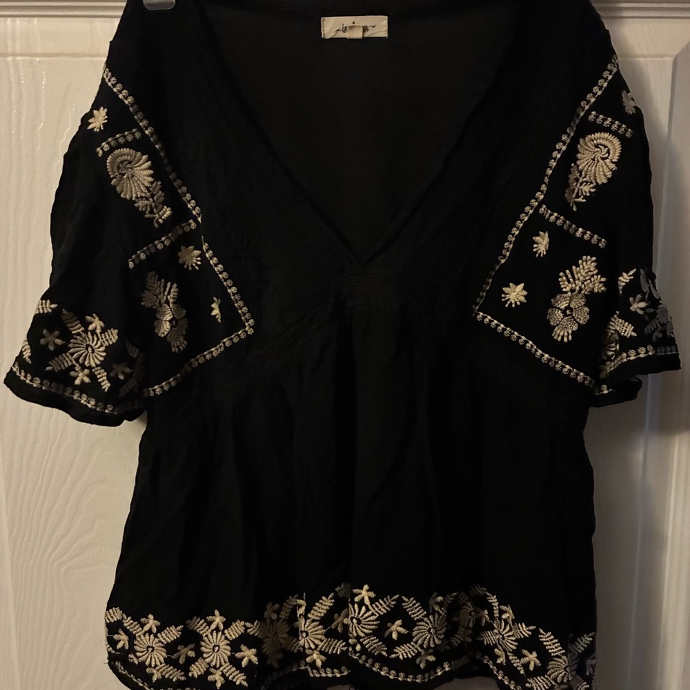 In Loom Black Embroidered Puff Flutter Sleeve Lace Blouse Double Layered
